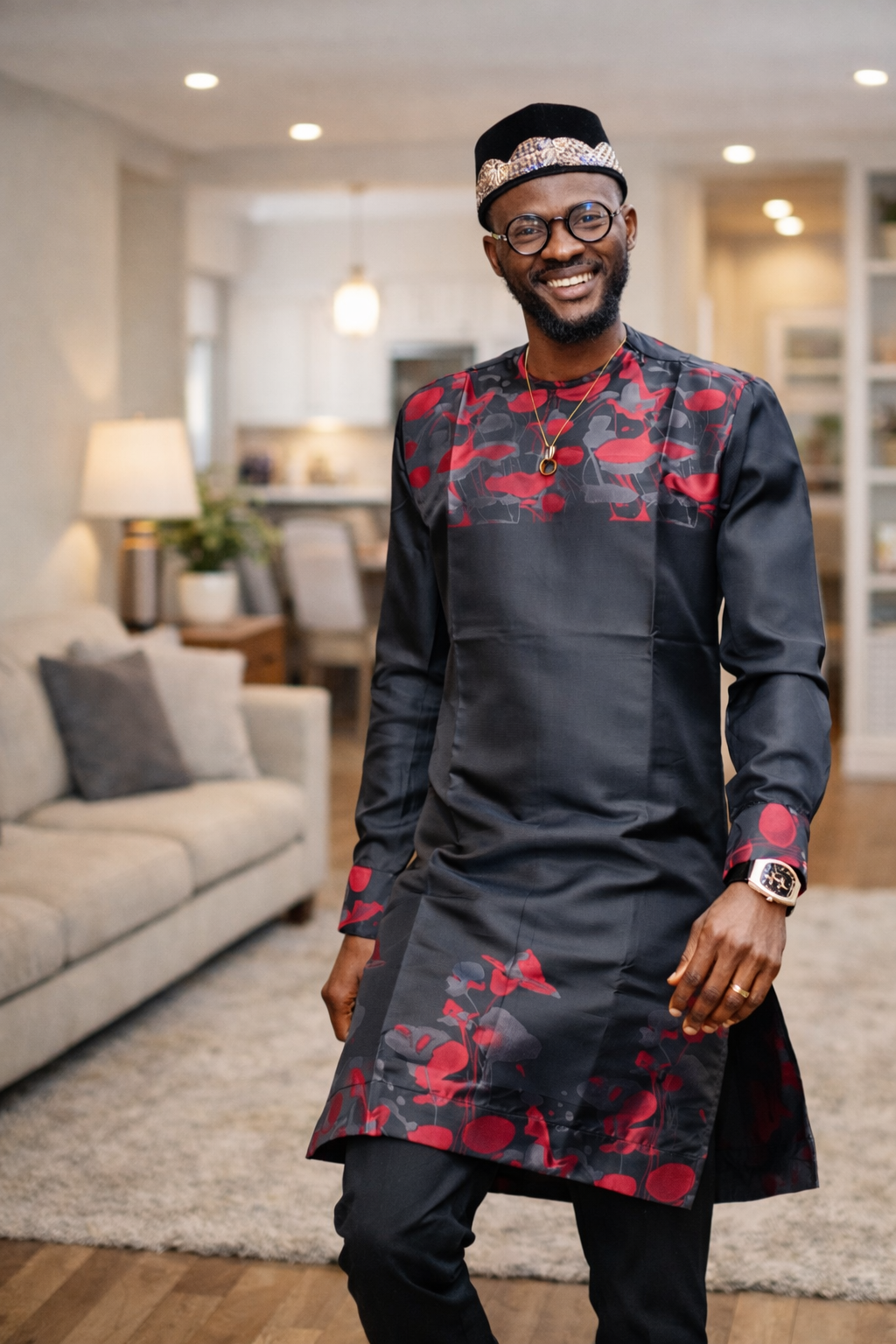 Ensemble africain moderne homme – style élégant noir et motifs – Gand